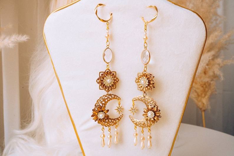 Boho Earrings, Moon Earrings, Handmade Earrings, Boho Style, Gold Boho Earrings, Moon Child Earrings, Rhinestone Earrings, Boho Fashion image 7