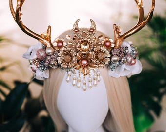 Gold Deer Crown Winter Goddess Headpiece Antler Tiara Festive