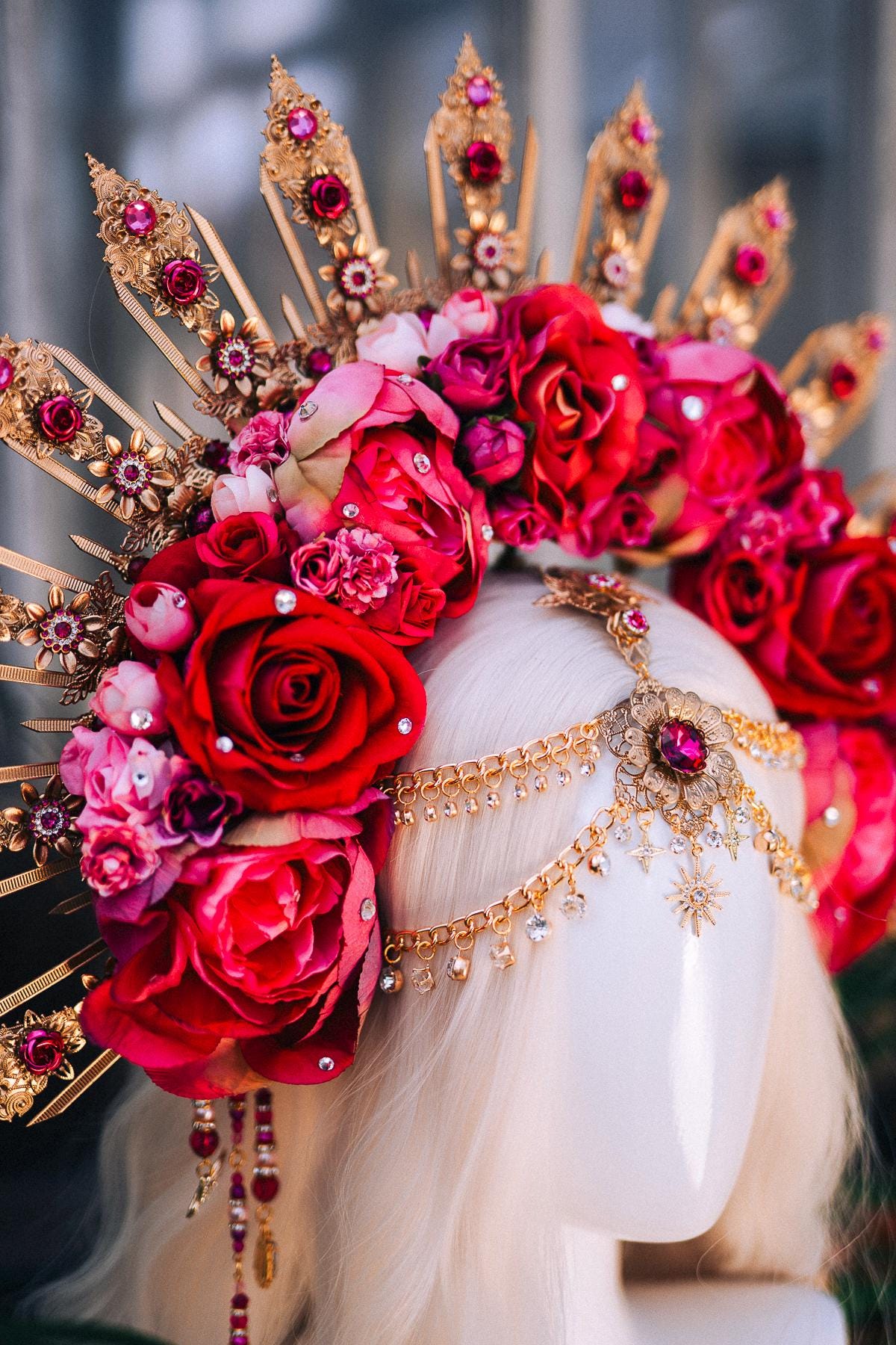 Red Rose Gold Halo Crown Bridal Photoshoot Wedding Maternity 