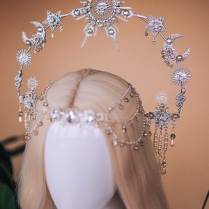 Gold sun crown, Moon crown, Halo Headpiece, Bridal Jewellery, Wedding hair accessories, Bridal headpiece, Wedding crown, Fairy crown image 7