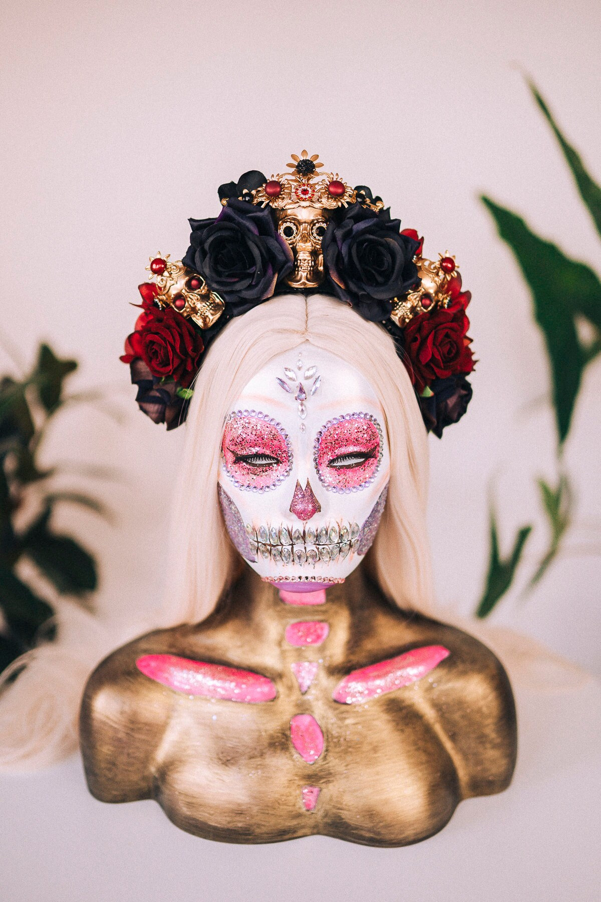 La Catrina Crown, Skull Headpiece, Day of the Dead Tiara, Flower Crown, Red Black Roses, Sugar Skull Halo, Dia de los Muertos, Halloween
