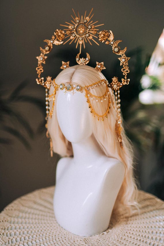 Gold Celestial Halo Crown Moon Star Goddess Headpiece  display picture 1