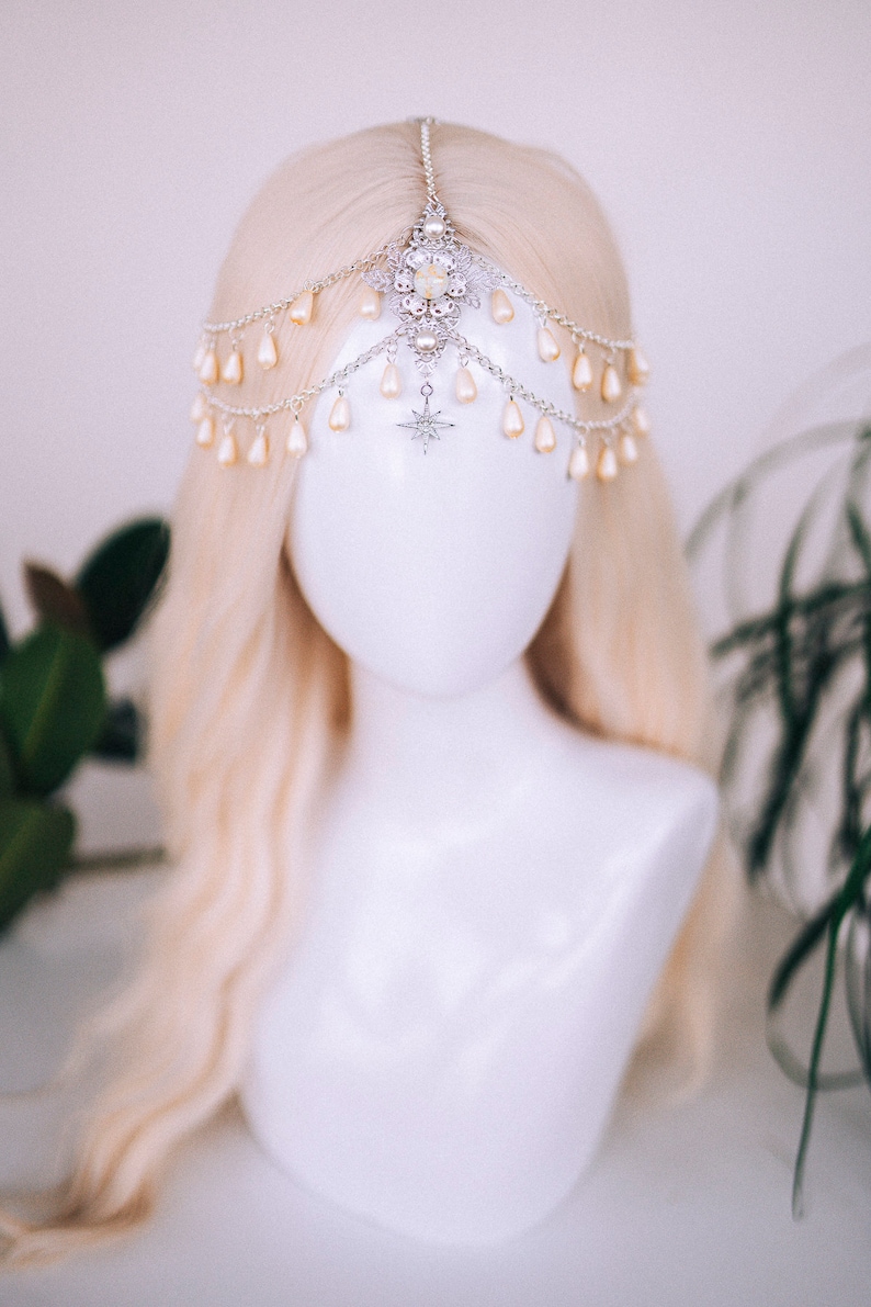 Bijoux célestes, bandeau de chaîne, casque de festival, couronne de perles, couronne de mariage, casque de mariée, couronne de mariée, accessoires pour cheveux, Boho image 8