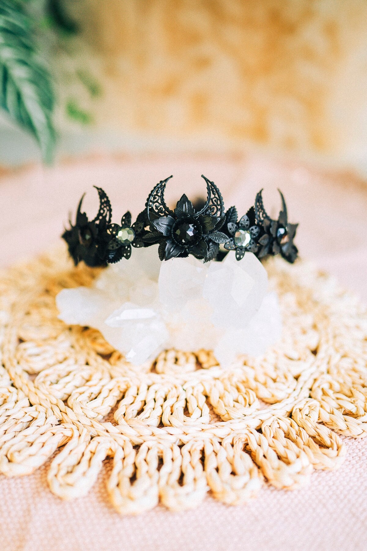 Midnight Crescent Moon Floral Tiara Black Goddess Crown  display picture 1