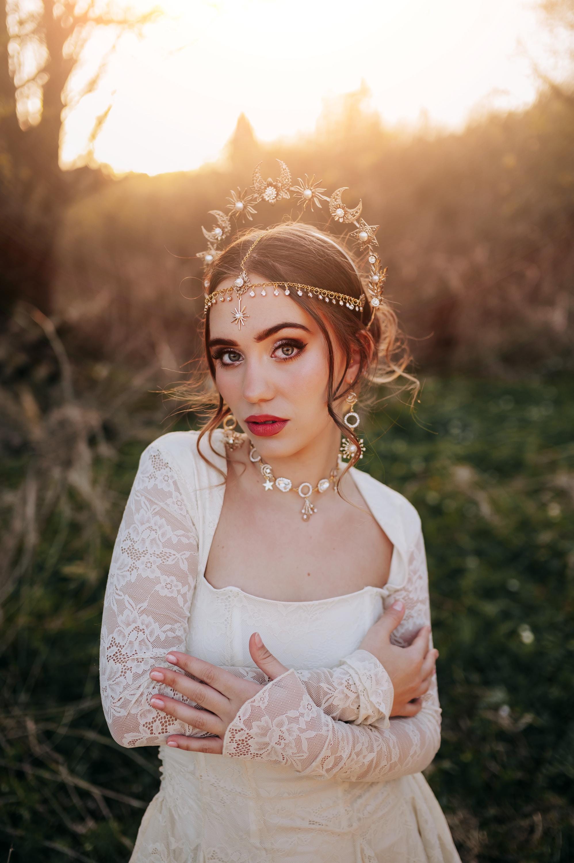 Gold Celestial Halo Crown: Bridal Headpiece with Stars and Moon Details
