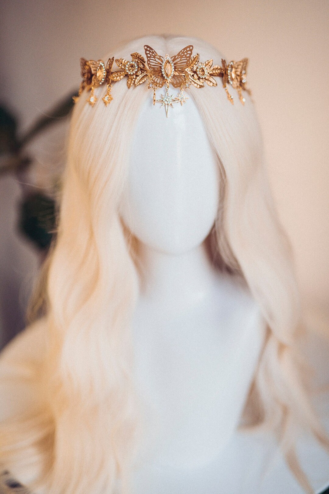 Golden Butterfly Celestial Floral Crown Bridal Headpiece Goddess
