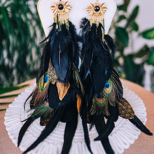 Peacock Feather Crown Gold Filigree Black Headdress Statement Headpiece image 18