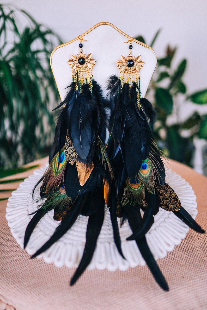 Peacock Feather Crown Gold Filigree Black Headdress Statement Headpiece image 18