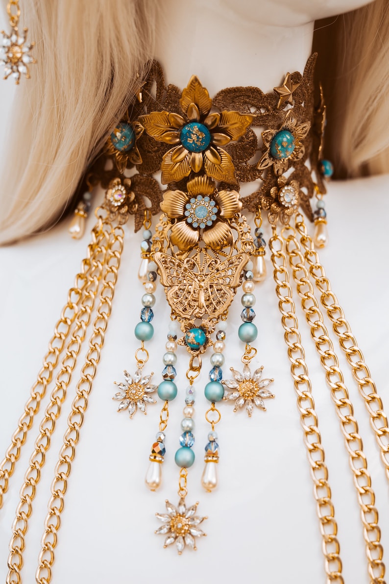 Sky Blue Choker necklace, Gold Choker necklace, Chain Choker necklace, Glamour Choker, Party, Lace necklace, Body Decoration, Photo props image 6