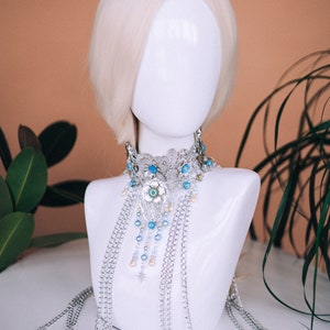 Sky Blue Choker necklace, Gold Choker necklace, Chain Choker necklace, Glamour Choker, Party, Lace necklace, Body Decoration, Photo props Silver