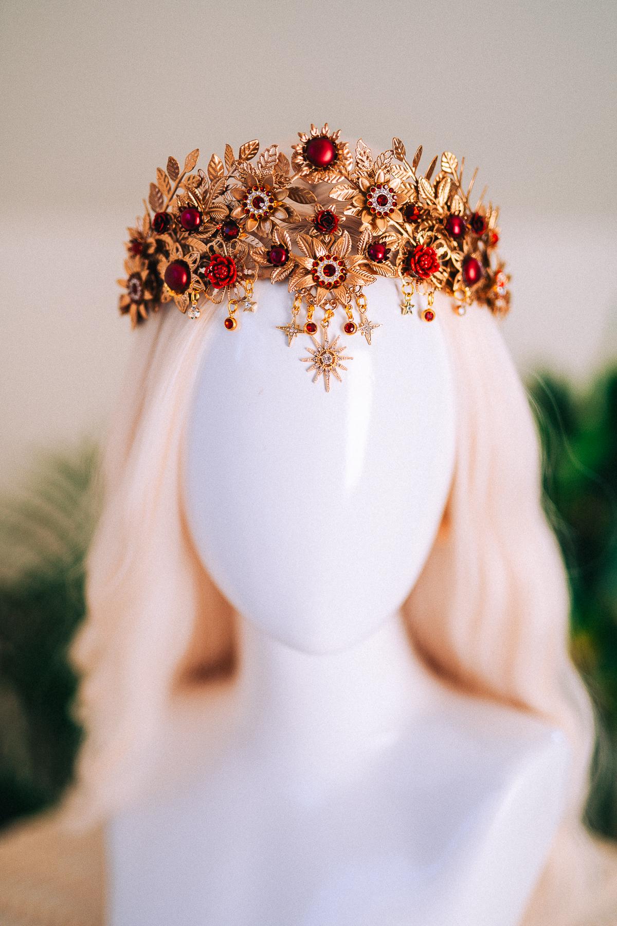 Golden Red Floral Crown Celestial Goddess Headpiece Bridal Tiara