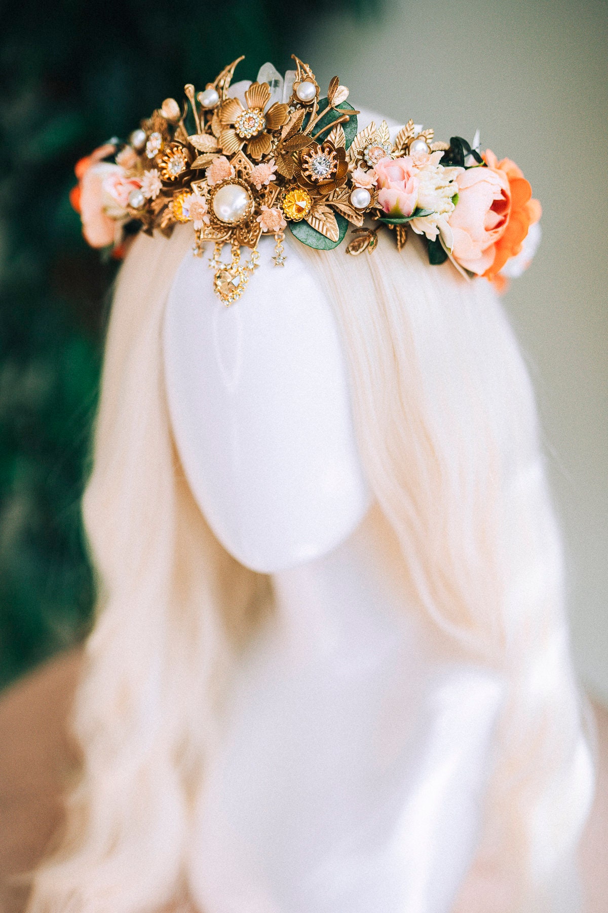 Floral Peach Rose Golden Goddess Crown Bridal Headpiece Fairy