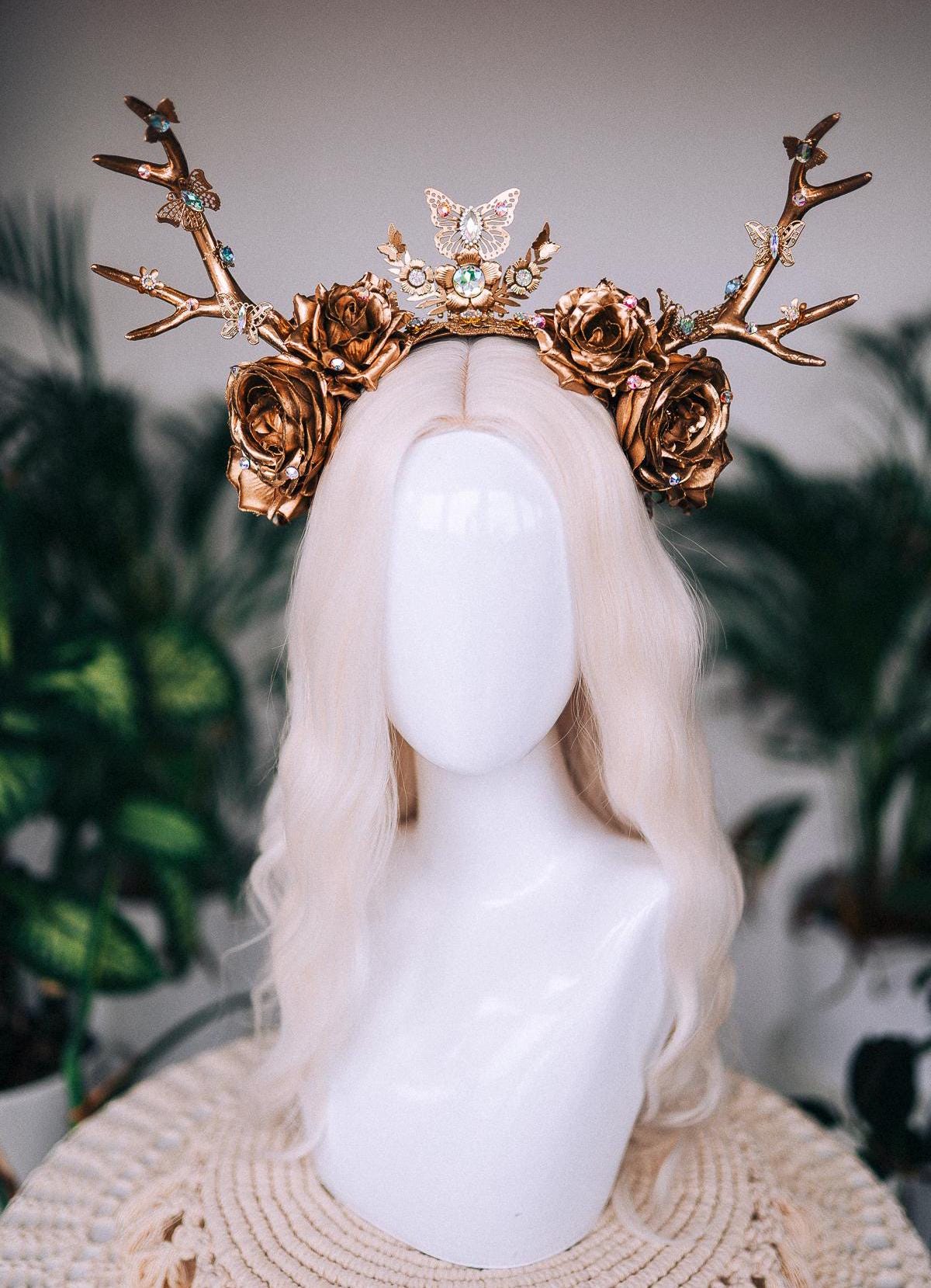 Majestic Gold Antler Crown, Floral Rose Headpiece, Fantasy Costume
