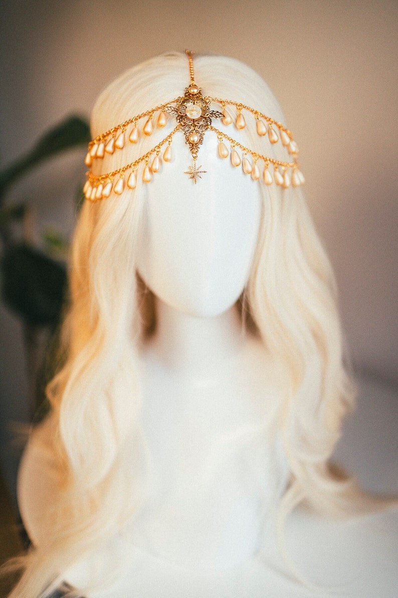 Bijoux célestes, bandeau de chaîne, casque de festival, couronne de perles, couronne de mariage, casque de mariée, couronne de mariée, accessoires pour cheveux, Boho image 3