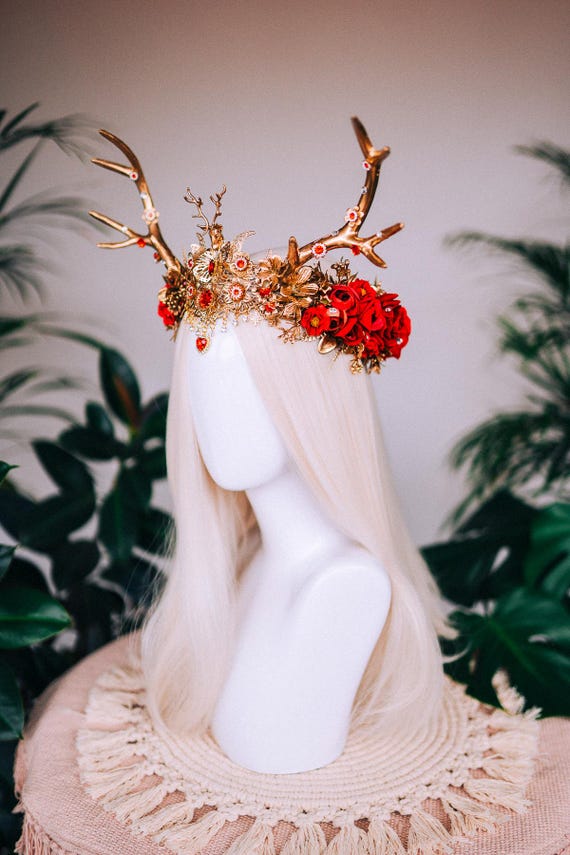 Gold Reindeer Tiara Hair Crown with Red, Green and Pearl Accents Glitter Reindeer Antler Headband: Gold, Red, Green Christmas  main image 3