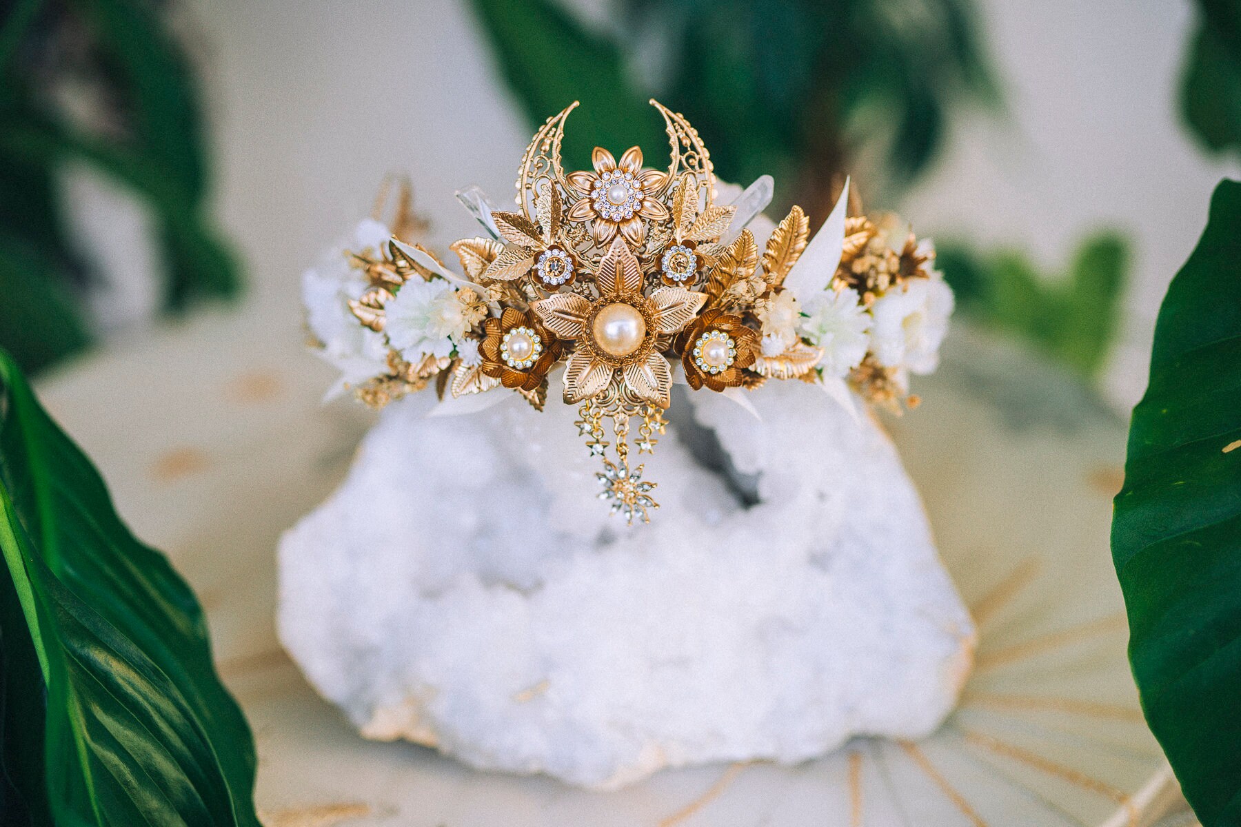 Gold Floral Bridal Crown Boho Goddess Headpiece w/ Crystal + Ribbon Tie Amazon.com : KorViSHOW Gold Leaf Headpiece Greek Goddess  main image 4