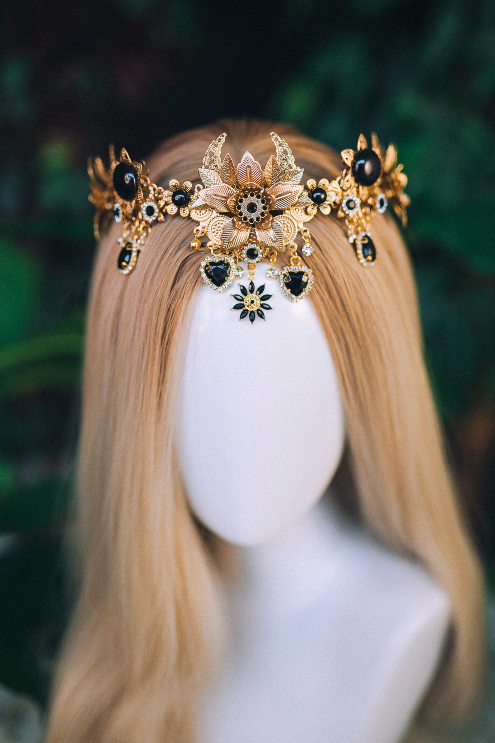 Black Tiara Moon Crown Celestial Gold Tiara Black Headpiece Etsy