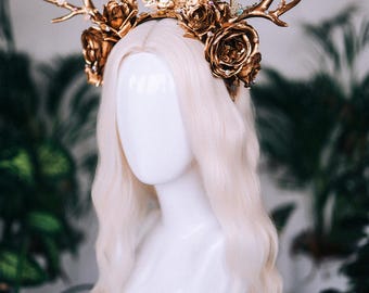 Majestic Antler Crown, Gold Deer Horns, Floral Headpiece, Fantasy
