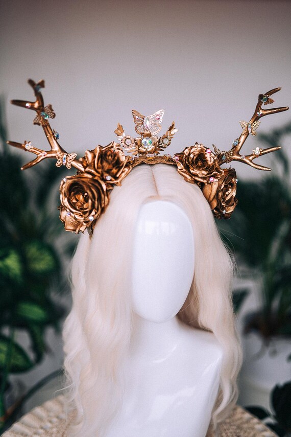 roi.noa.tai‎.‎˖٭ 様Antler Crown / Popcorn Majestic Antler Crown, Gold Deer Horns, Floral Headpiece, Fantasy