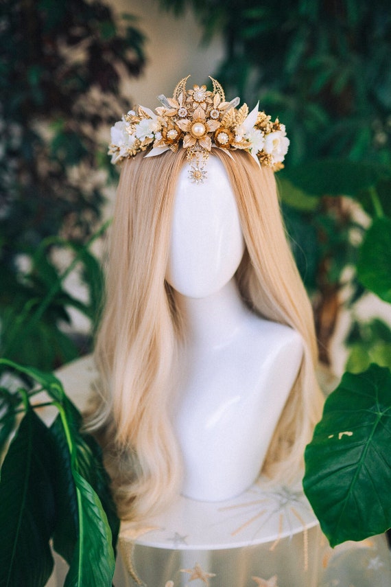 Beige Flower Crown Flower Tiara Celestial Gold Wedding Headpiece Headband  Fairy White Flower Wedding Crown Boho Bride Crystal Crown