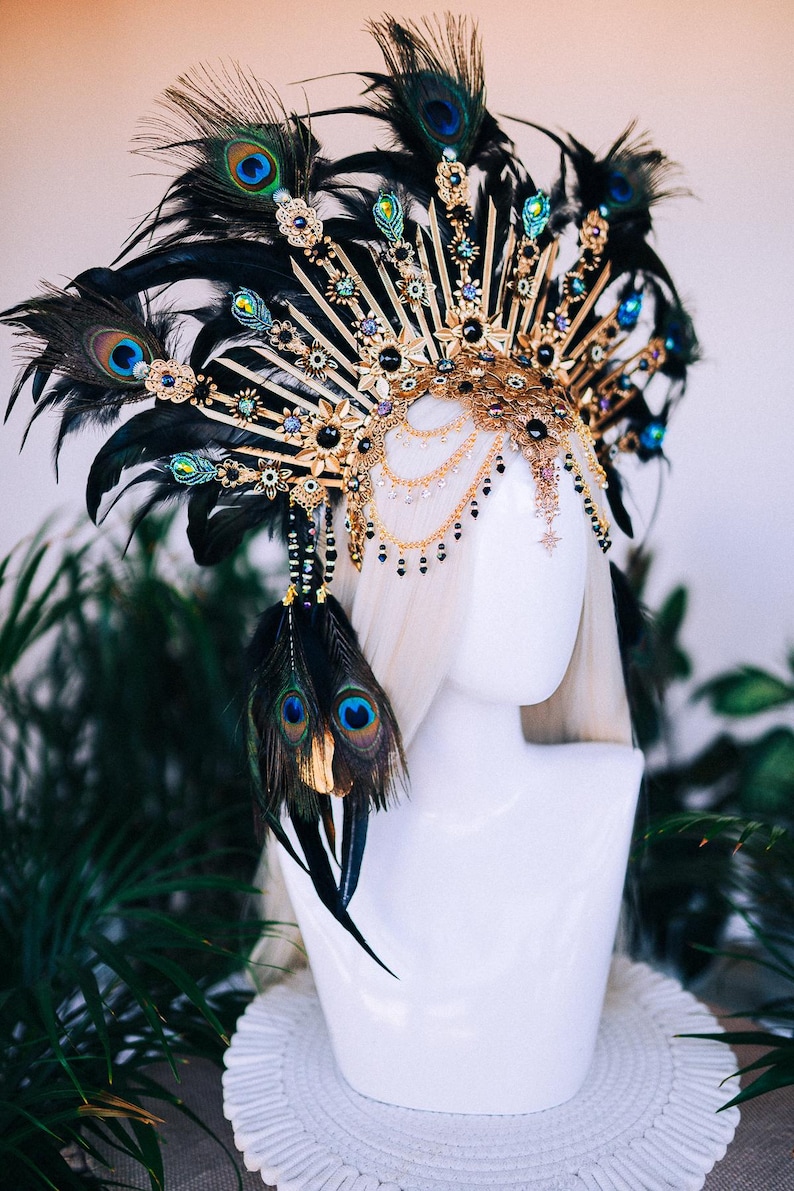 Peacock Feather Crown Gold Filigree Black Headdress Statement Headpiece image 15