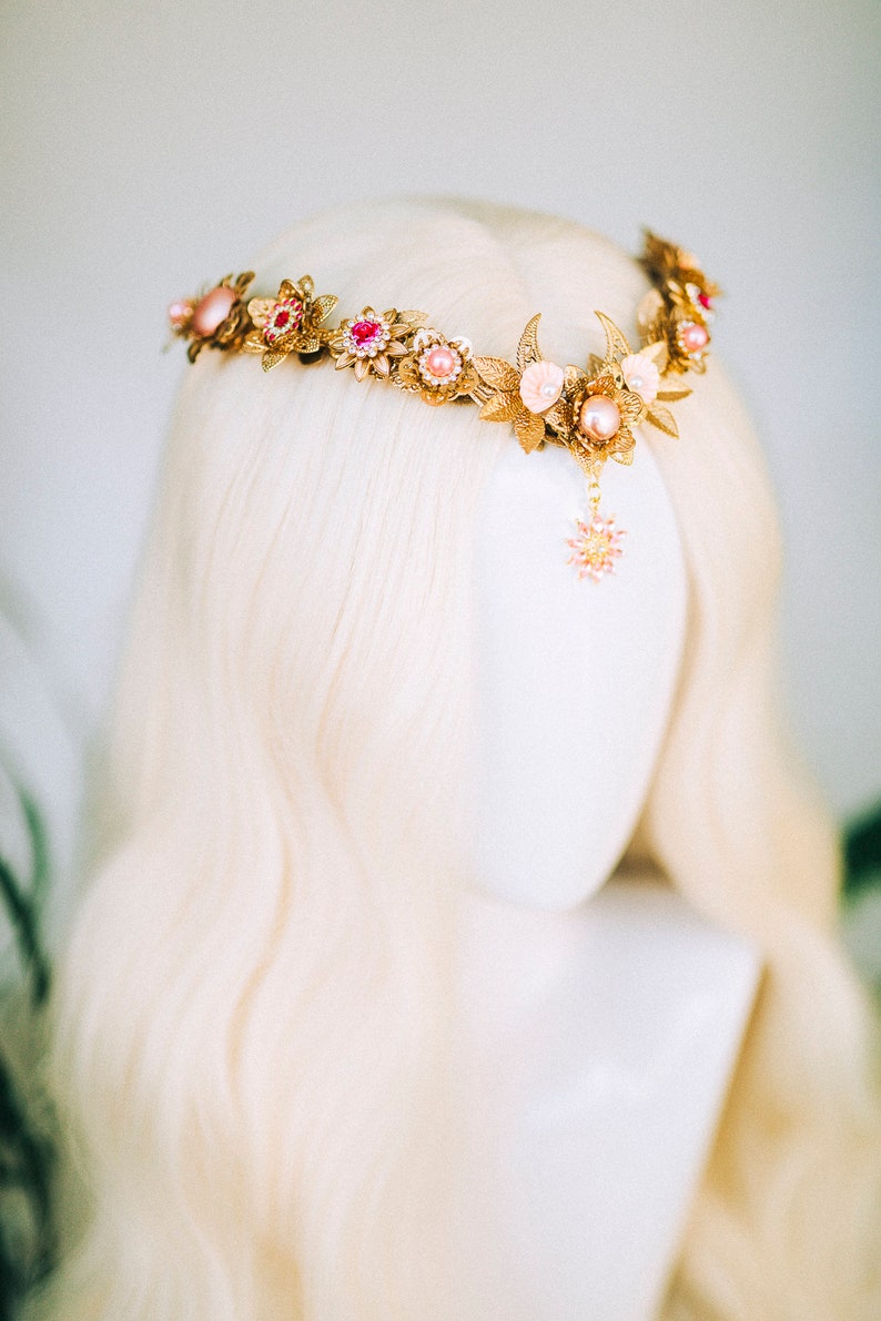 Elven Crown Moon Child Celestial Gold Tiara Festival Headpiece Fairy Crown Flower Crown Wedding Tiara Boho bride Flower Headband Boho Style image 5