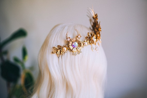 Golden Sunburst Crown, Celestial Goddess Tiara, Regal Boho