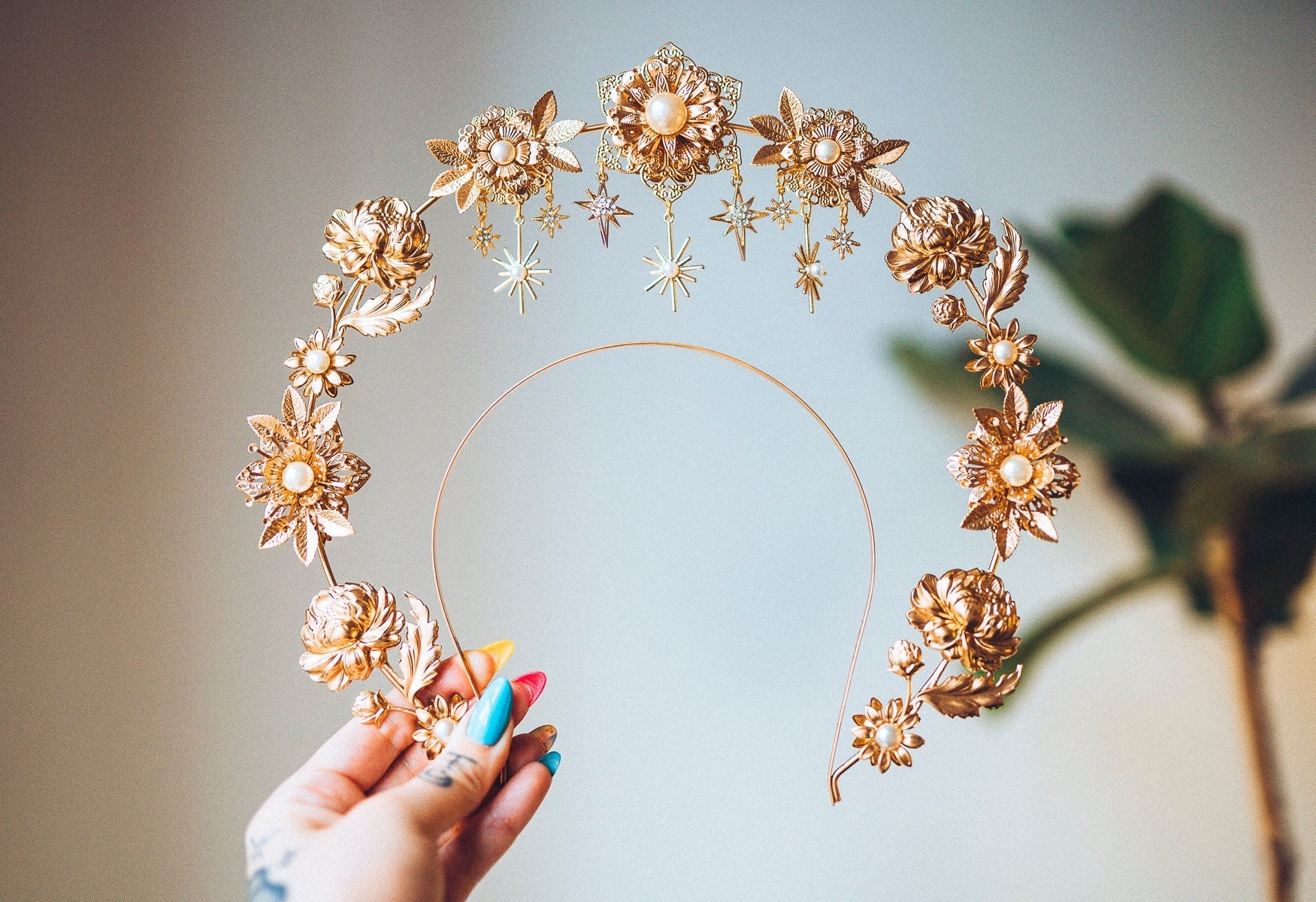 Golden Floral Halo Crown Celestial Goddess Headpiece Bridal Photoshoot Festival Accessory