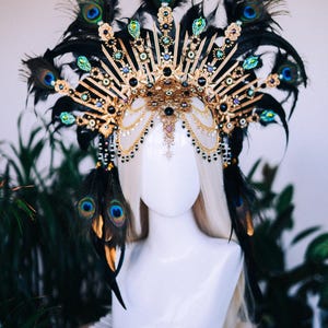 Peacock Feather Crown Gold Filigree Black Headdress Statement Headpiece image 11