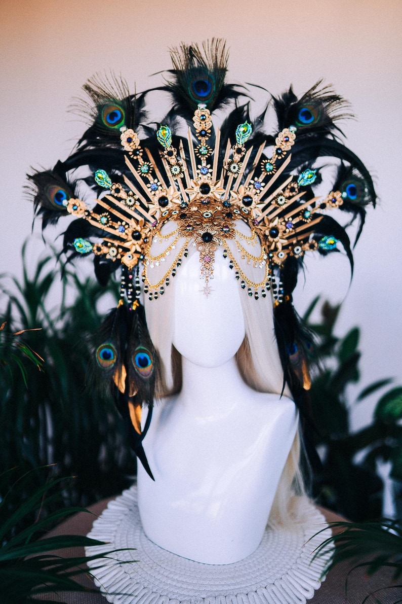 Peacock Feather Crown Gold Filigree Black Headdress Statement Headpiece image 11