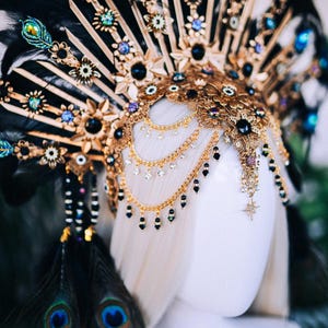 Peacock Feather Crown Gold Filigree Black Headdress Statement Headpiece image 17