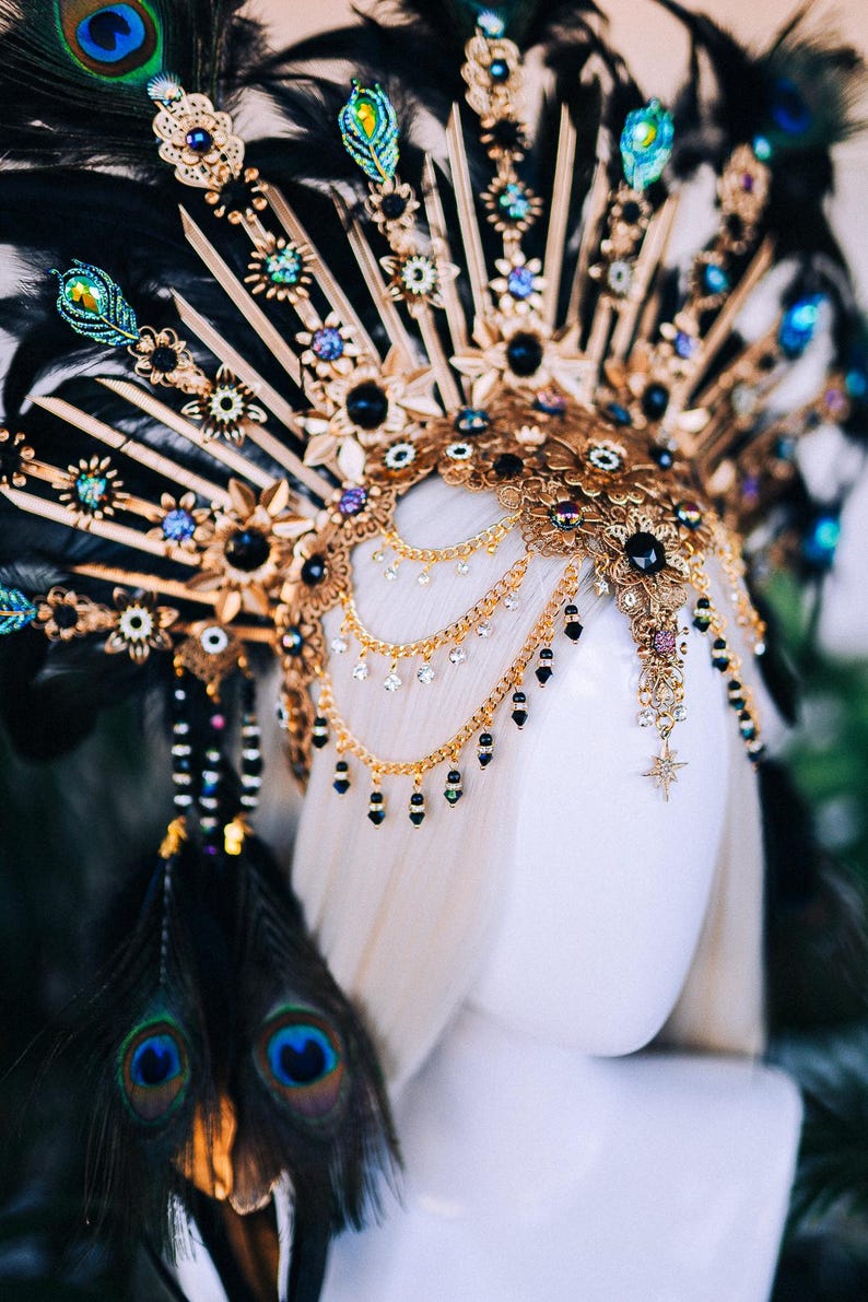 Peacock Feather Crown Gold Filigree Black Headdress Statement Headpiece image 17