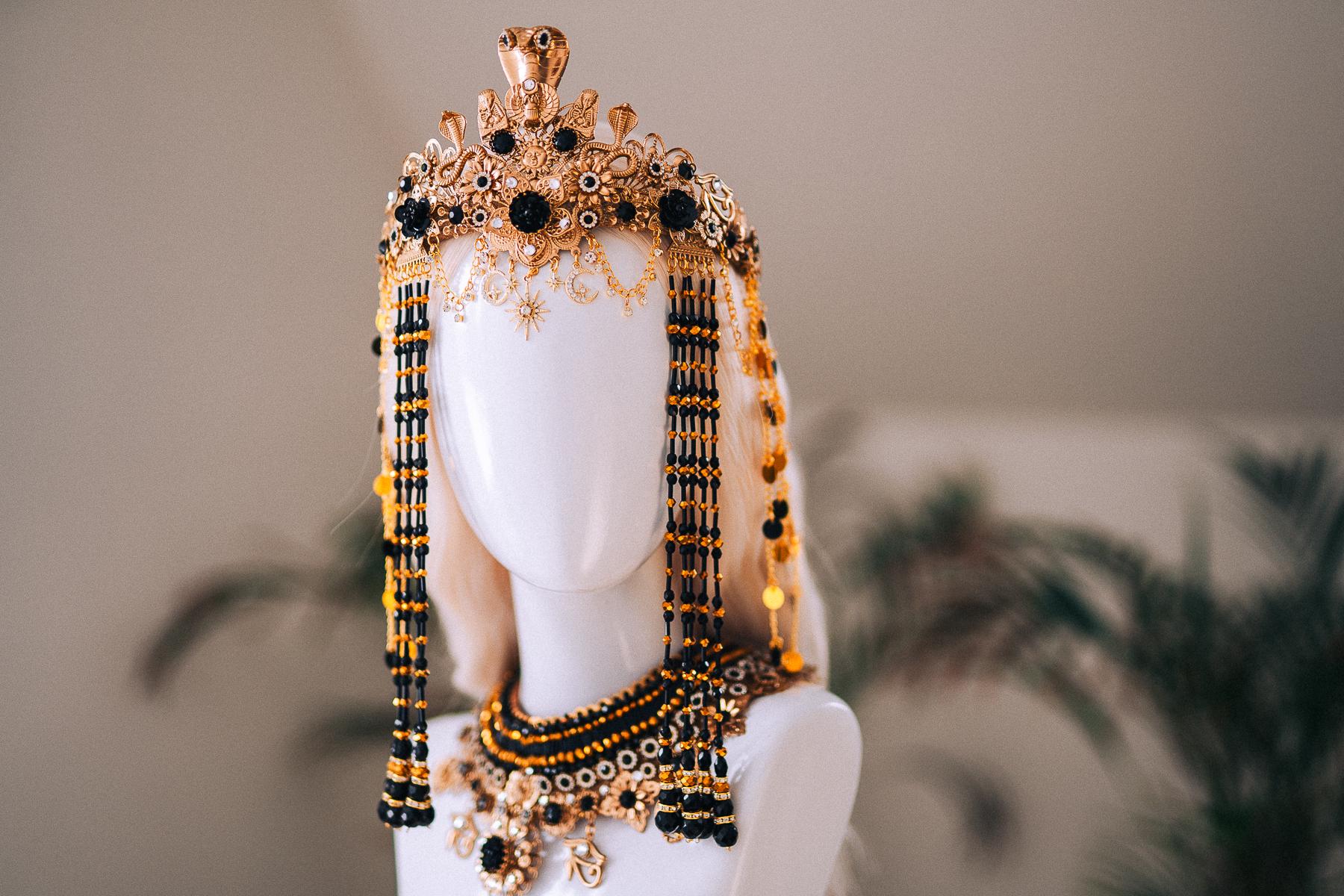 Cleopatra Night Sun Crown Black Gold Egyptian Goddess Cobra Headpiece