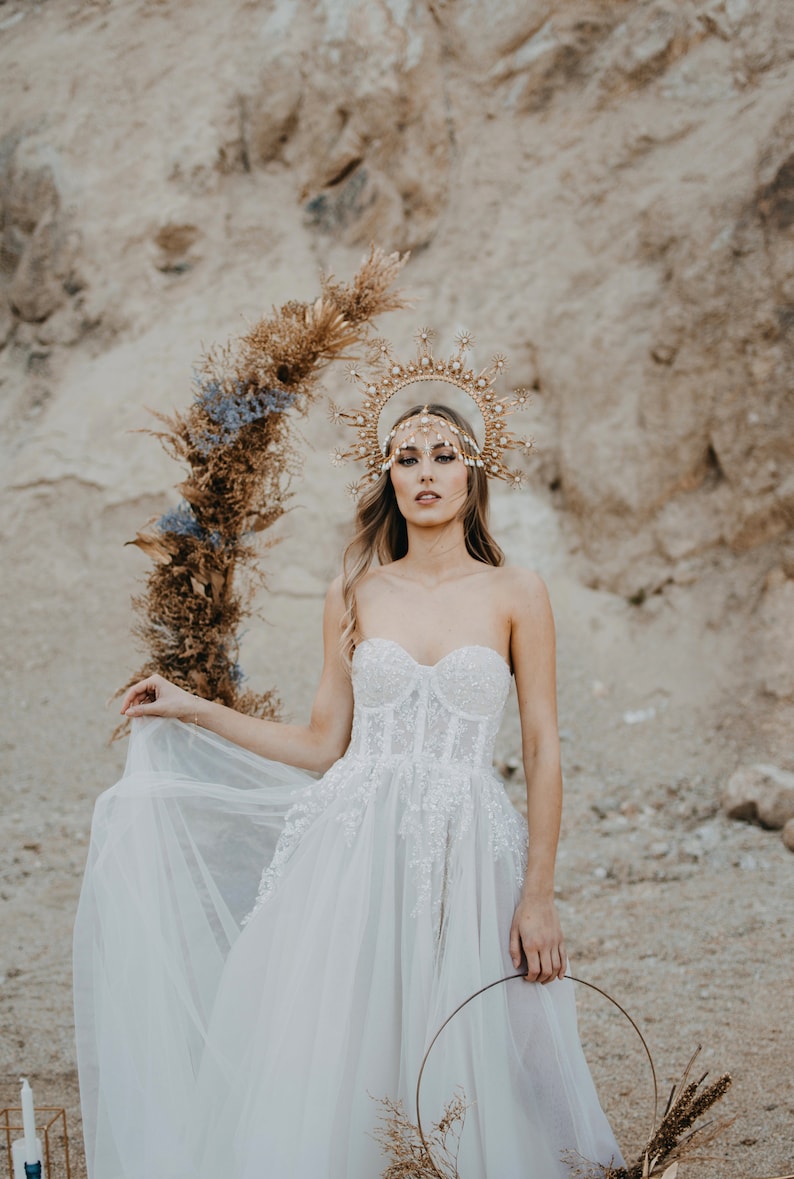 Gold halo crown, Dandelion flower crown, Flower crown, Gold crown, Wedding headpiece, Bridal crown, Burning man, Festival headband image 5