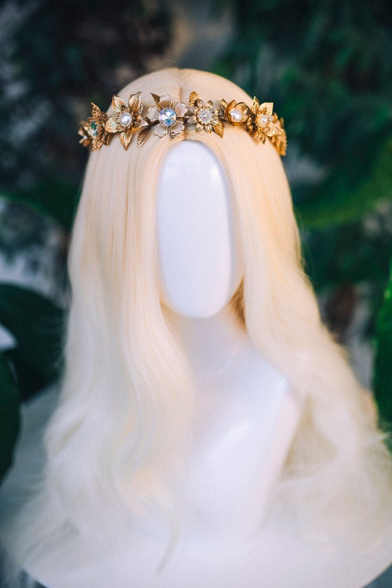 【Meadow Flower】Gold Tiara / 2-5y Golden Flower Crown, Gold Flower Tiara, Wedding Flower Crown
