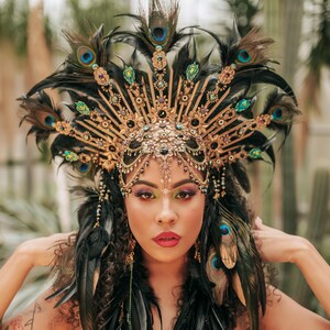 Peacock Feather Crown Gold Filigree Black Headdress Statement Headpiece image 4