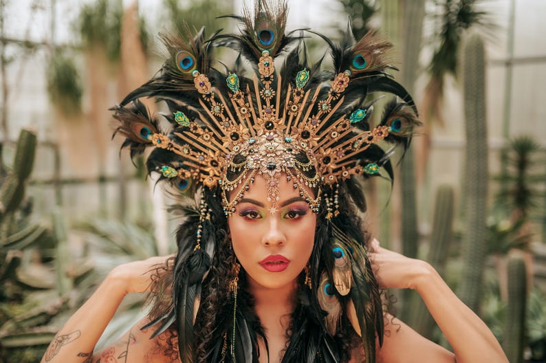 Peacock Feather Crown Gold Filigree Black Headdress Statement Headpiece image 4