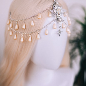 Bijoux célestes, bandeau de chaîne, casque de festival, couronne de perles, couronne de mariage, casque de mariée, couronne de mariée, accessoires pour cheveux, Boho image 10