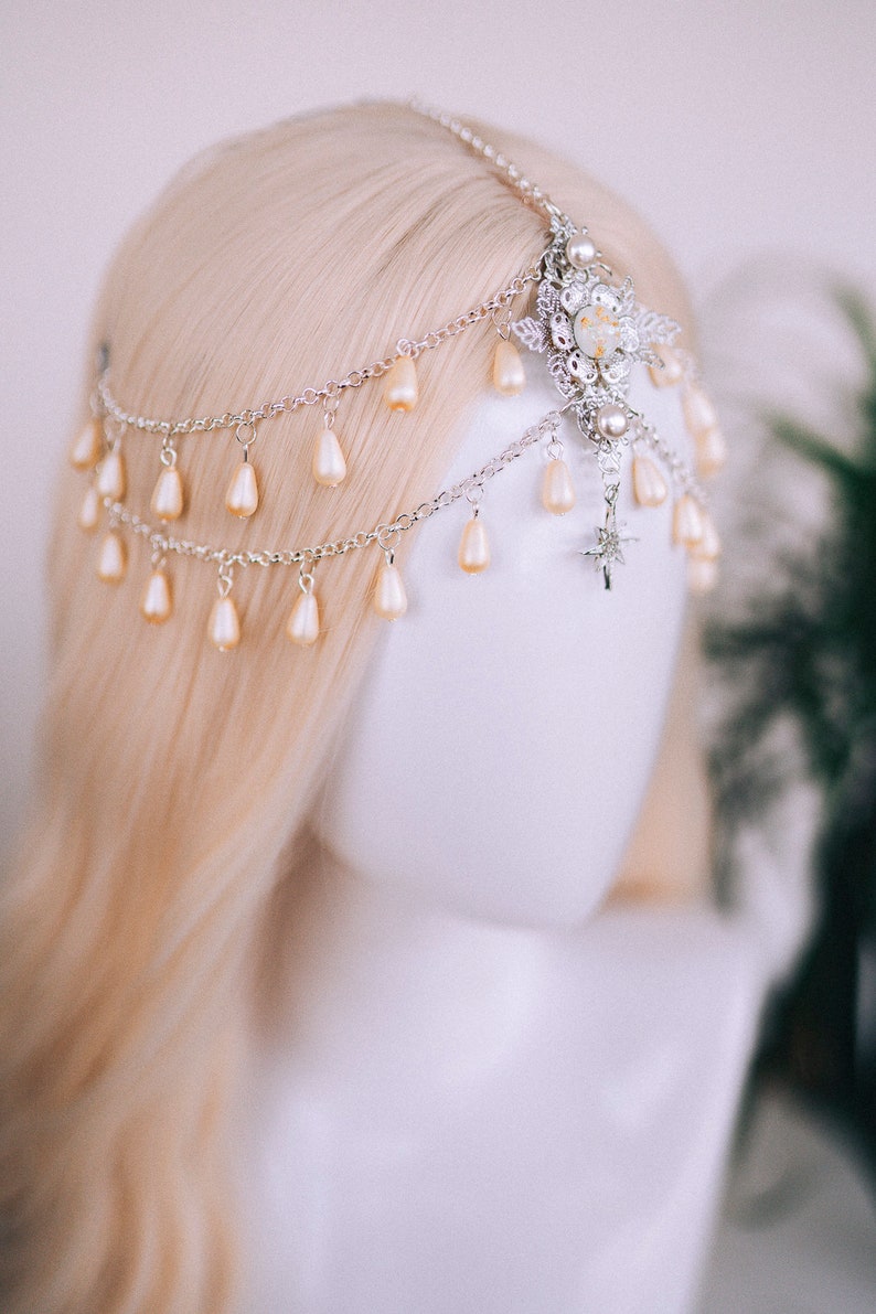 Bijoux célestes, bandeau de chaîne, casque de festival, couronne de perles, couronne de mariage, casque de mariée, couronne de mariée, accessoires pour cheveux, Boho image 10