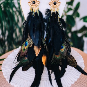 Peacock Feather Crown Gold Filigree Black Headdress Statement Headpiece image 8