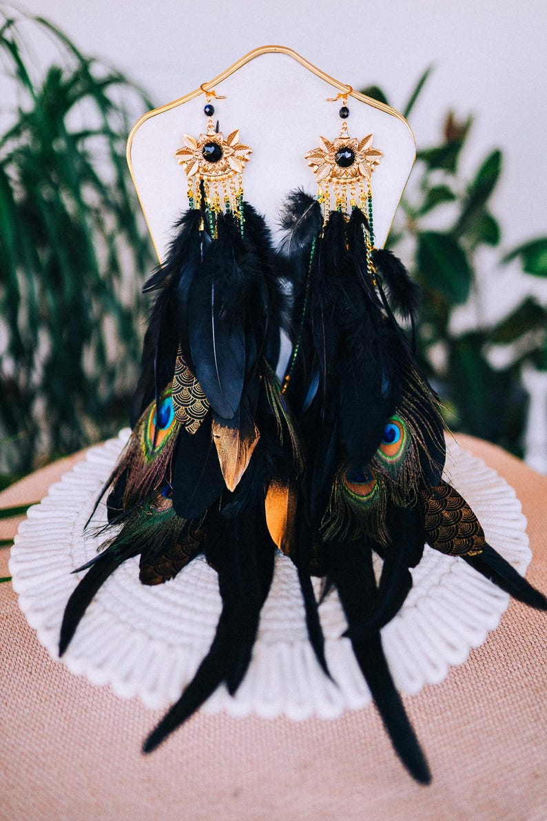 Peacock Feather Crown Gold Filigree Black Headdress Statement Headpiece image 8