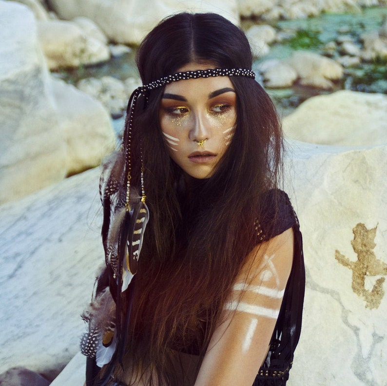 feather headband boho feather crown halloween costume leather feather crown gold boho crown festival crown Bohemian feather crown
