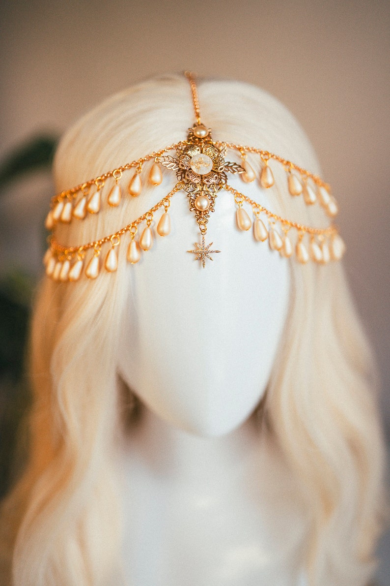 Bijoux célestes, bandeau de chaîne, casque de festival, couronne de perles, couronne de mariage, casque de mariée, couronne de mariée, accessoires pour cheveux, Boho image 5