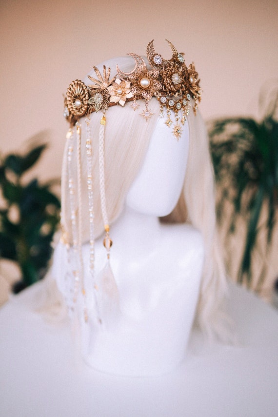 Goddess Moon Crown Tiara Gold Rhinestones Women\'s Hair Accessory Amazon.com : Catery Moon Crown Headpiece Goddess Star Tiara  main image 2