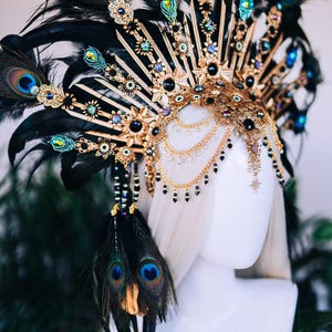 Peacock Feather Crown Gold Filigree Black Headdress Statement Headpiece image 9