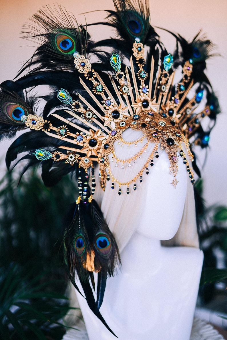 Peacock Feather Crown Gold Filigree Black Headdress Statement Headpiece image 9