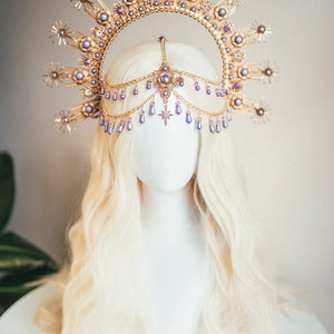 Gold halo crown, Dandelion flower crown, Flower crown, Gold crown, Wedding headpiece, Bridal crown, Burning man, Festival headband Purple