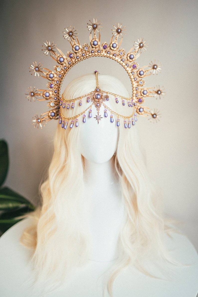 Gold halo crown, Dandelion flower crown, Flower crown, Gold crown, Wedding headpiece, Bridal crown, Burning man, Festival headband Purple