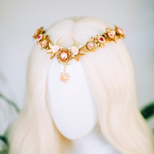 Elven Crown Moon Child Celestial Gold Tiara Festival Headpiece Fairy Crown Flower Crown Wedding Tiara Boho bride Flower Headband Boho Style image 7