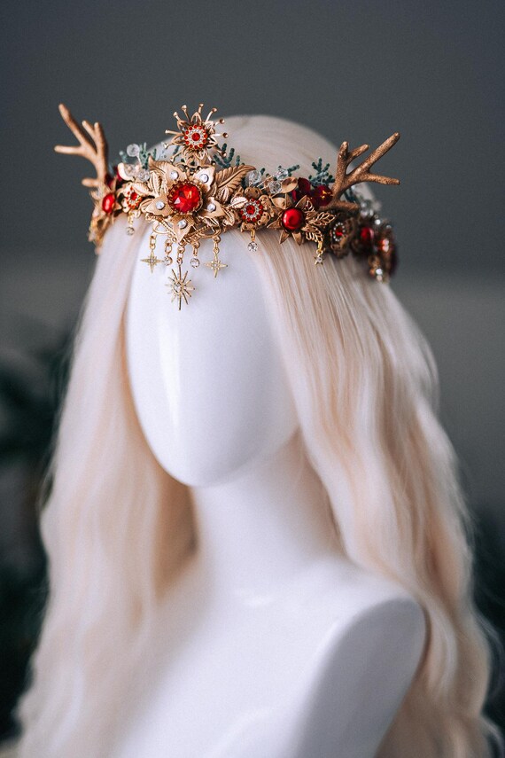 Gold Reindeer Tiara Hair Crown with Red, Green and Pearl Accents Glitter Reindeer Antler Headband: Gold, Red, Green Christmas  main image 4